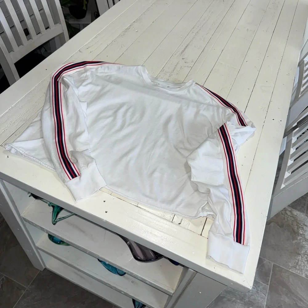 TNA Aritzia White Cropped Long Sleeve Top with Red/blue Stripe oversizedSm - Picture 6 of 9